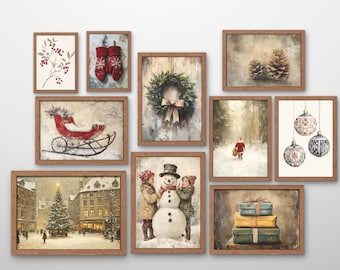Vintage Christmas Wall Art Set: Rustic Winter Gallery (Digital Download)