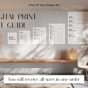 May include: Digital print size guide with different frame sizes in inches and centimeters. The sizes are 11x14, 16x20, 12x18, 8x12, 20x30, 24x36. The text "You will receive all sizes in one order" is at the bottom of the image.