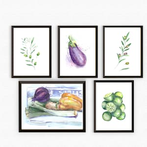 Printable Watercolor Set of 5, Fruits and Vegetables Wall Art, Kitchen Print, Modern Food Art, Rustic Digital Illustration, Vegetable Poster