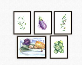 Aquarel groenteprints: keukenmuurkunstset (digitale download)
