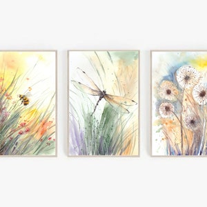 Dandelion & Dragonfly Watercolor Print Set: Spring Boho Wall Art (Digital Prints)
