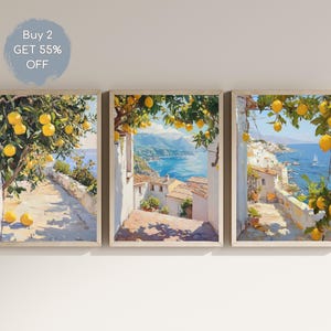 Amalfi Coast With Lemons Prints Set, Italy Printable Wall Art, Rustic Kitchen Prints, Italian Cityscape Prints, Mediterranean Printable Set