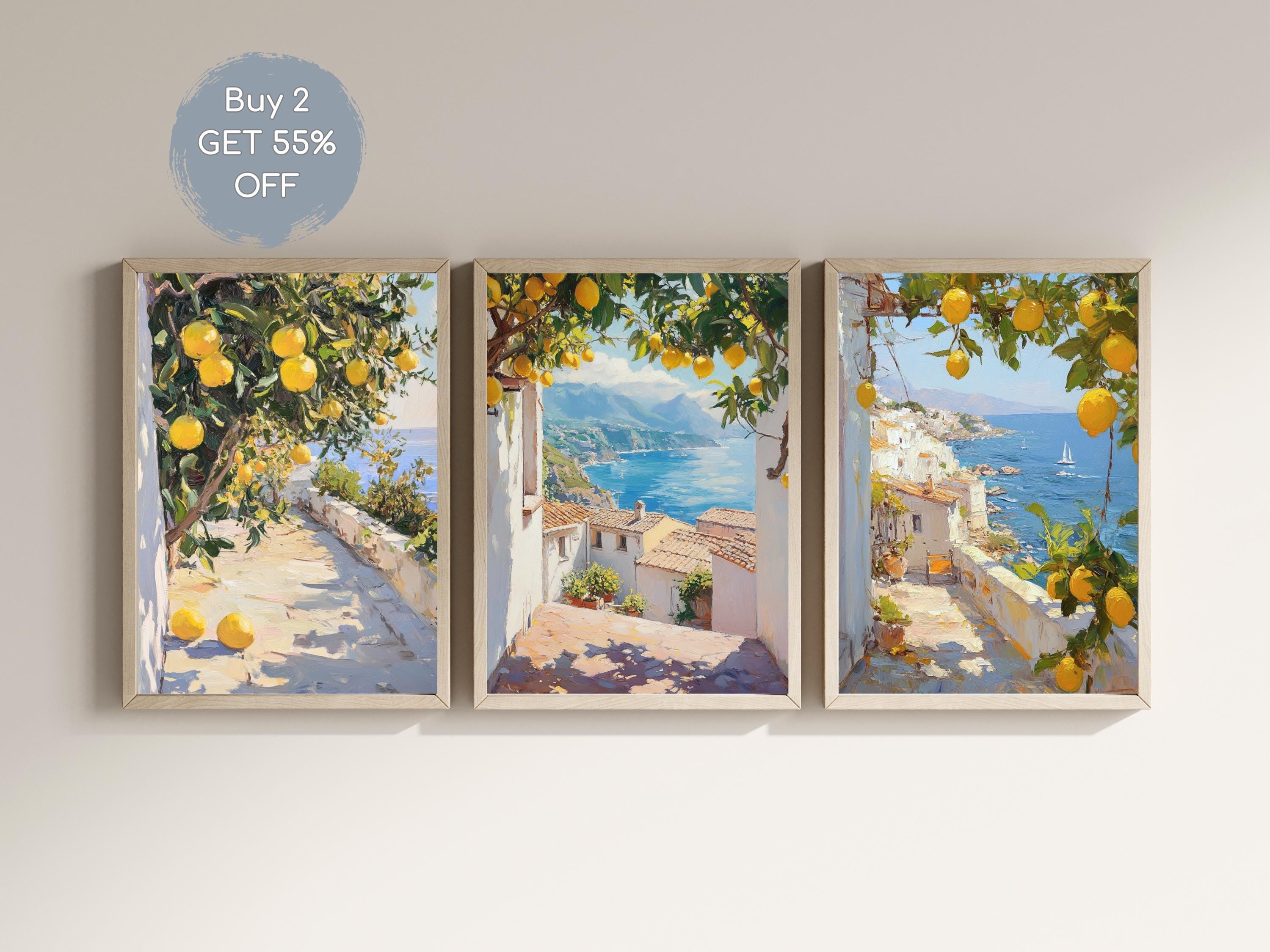 Amalfi Coast With Lemons Prints Set, Italy Printable Wall Art, Rustic Kitchen Prints, Italian Cityscape Prints, Mediterranean Printable Set