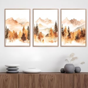 Fall Watercolor Forest Landscape, Printable Wall Art, Set of 3 Prints, Autumn Forest Painting, Fall Gallery Set, Autumn Living Room Decor