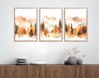 Fall Forest Watercolor Print Set: Autumn Landscape Wall Art (Digital Download)
