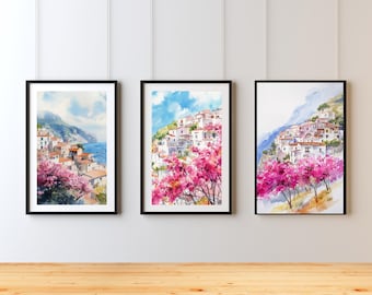 Amalfi Coast Watercolor Print Set: Positano Italy Art (Digital Download)