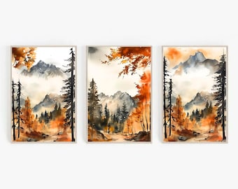 Fall Forest Watercolor Print Set: Autumn Landscape Wall Art (Digital Download)