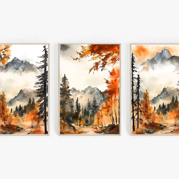 Fall Forest Watercolor Print Set: Autumn Landscape Wall Art (Digital Download)