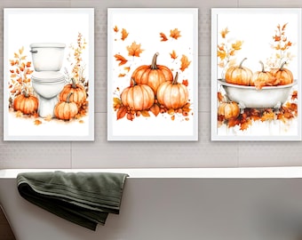 Pumpkin Bathroom Watercolor Art Prints: Autumn Home Decor (Digital Download)