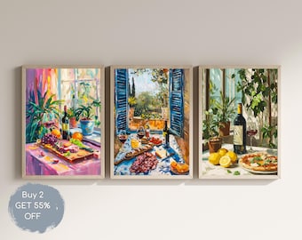 Láminas artísticas de comida mediterránea, bodegón de cocina toscana (conjunto digital de 3)