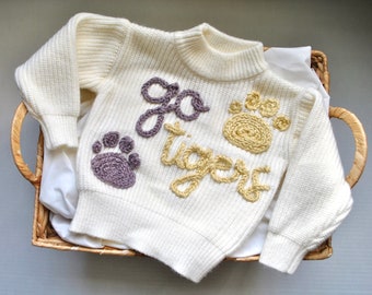 Go Tigers Baby Boy/Girl Personalized Sweater- LSU baby gear, baby gifts, baby tiger, LSU football, pawprint- Hand-stitched, custom,