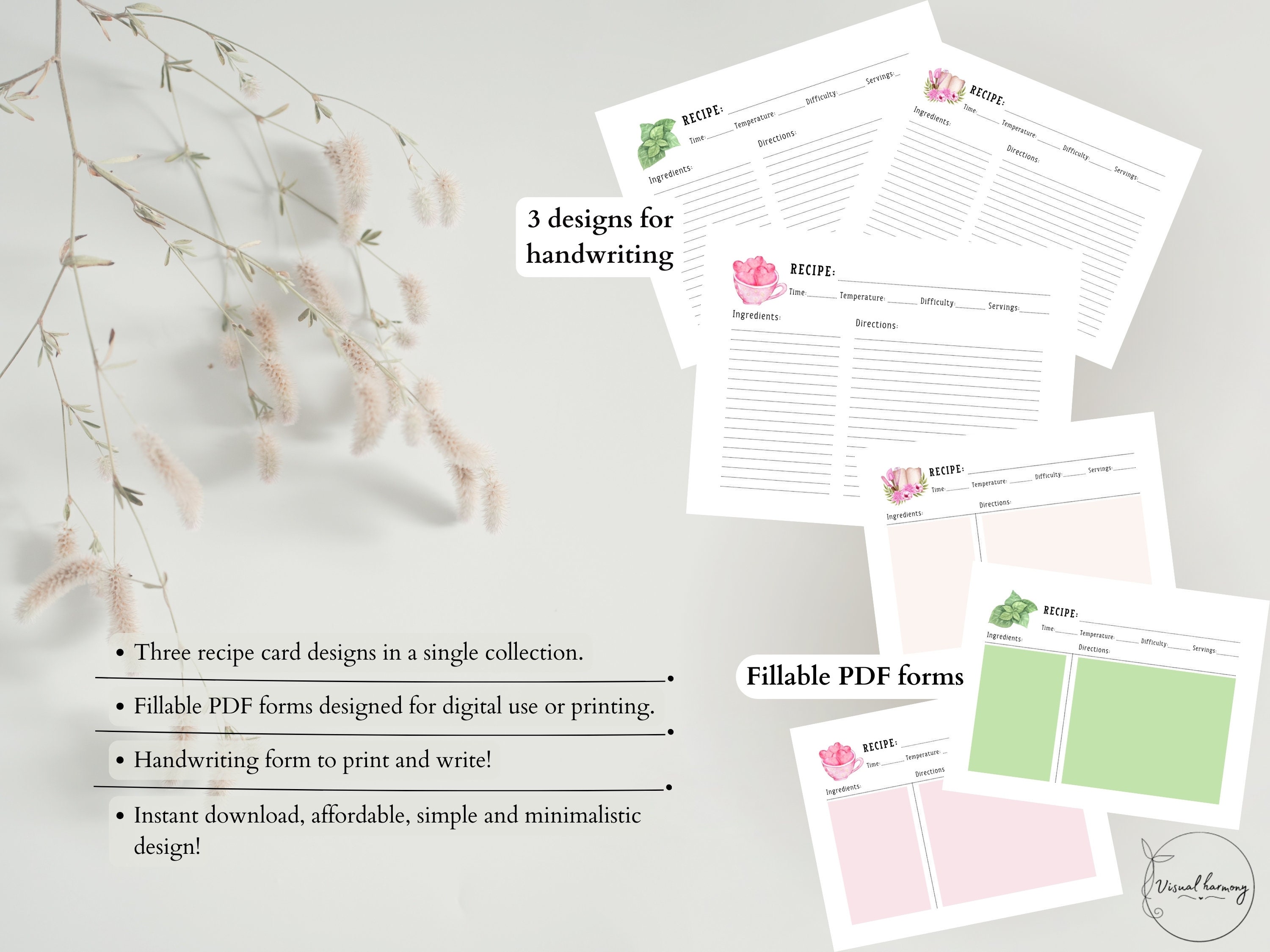 Digital Recipe Card Templates Printables, Fillable Pdfs, Minimalist ...