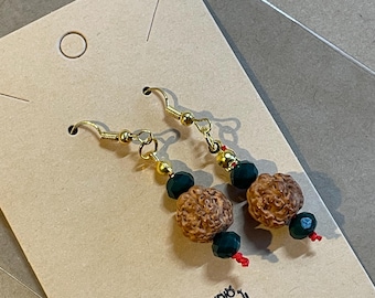 Handmade Rudraksha Bead Earrings | Green Stone Drop Earrings | Witchy Talisman Jewellery | Boho Gif