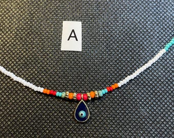 Handmade Beaded Necklace with Charm | Evil Eye, Moon, Star, Fish | Colourful Minimal Summer Necklace