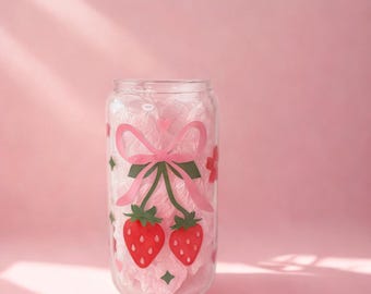 16oz Strawberry Bow Glass Cup | Cute Aesthetic Drinkware | Handmade Vinyl Cup