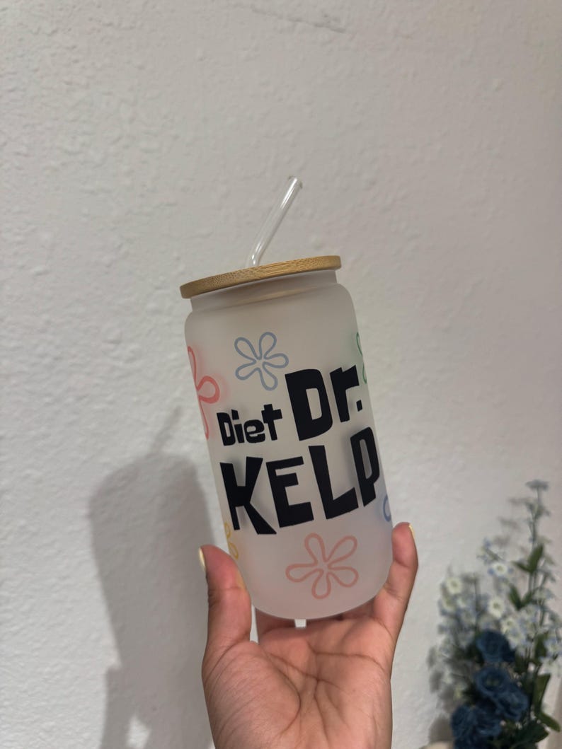 Vaso de vidrio Diet Dr. Kelp / 473 ml (16 oz) esmerilado con tapa de bambú y pajita de vidrio. imagen 2