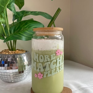 Matcha 16oz Glass Can With Lid And Straw, Green Matcha Cup, Iced Coffee Glass, Glass Can Cup