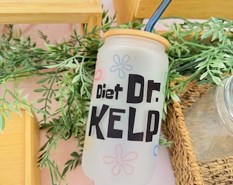 Diet Dr. Kelp Glass Can Cup | 16oz Frosted with Bamboo Lid, Glass Straw