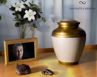 White Mother of Pearl Cremation Urn: Handcrafted Brass Funeral Urn