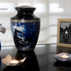 Heavenly Motorcycle Cremation Urn for Human Ashes Adult Male | Black and Silver, Polished Metal Urn | Memorial Urn for Burial