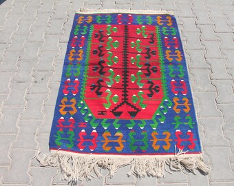 3x4 ft "Handwoven Anatolian Turkish Kilim Carpet – Red and Blue Southwestern Boho Style, Ideal for a Chic, Culturally-Inspired Home Decor"