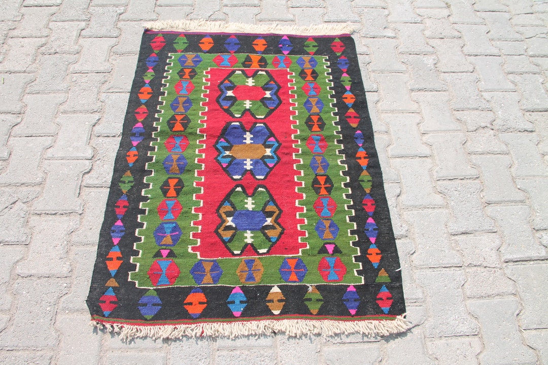 3x3 Ft Green & Black Turkish Vintage Kilim Rug: Handmade Oushak ...