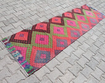 Handmade Vintage Kilim Runner: Turkish Tribal Rug, 2x8 ft