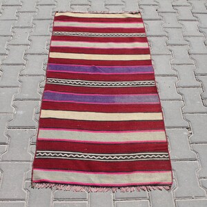 2x4 ft Bohemian Chic Red and Beige Striped Turkish Wool Rug – Handmade Vintage Style, Ideal for a Colorful, Eclectic Home Decor Accent