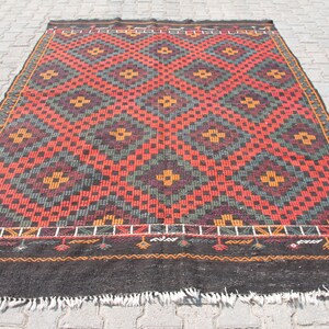 6x9 ft Bohemian Oversized Turkish Carpet: Handmade Wool Vintage Beauty in Black and Orange, Tribal Oriental Décor for Living or Dining Room