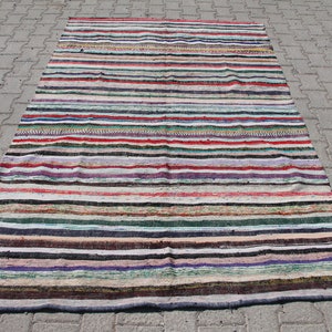 5x8 ft Handmade Anatolian Oushak Turkish Kilim Rug in Vintage Cotton - Old World Charm, Colorful Stripes For Living Room and Bedroom