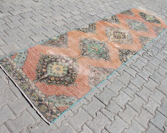 Vintage turkisk Oushak-matta: 3 x 12 fot handgjord orangegrön ull