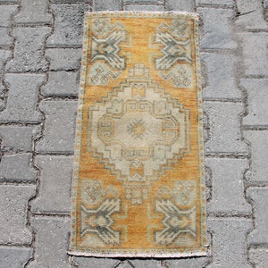 1x3 ft Turkish Yellow and Green Oushak Rug: Small Handmade Aztec Bohemian Tribal Carpet for Entryway or Bedside Floor Decor
