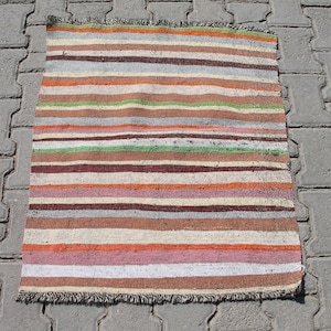 2x2 ft Vintage Striped Kilim Rug: Handmade Small Area Ethnic Decor - Bohemian Entryway Floor Accent