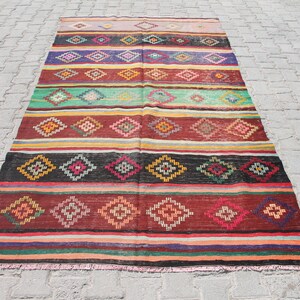 5x9 ft Boho Farmhouse Dining Room Rug: Red Striped Turkish Wool - Old Oriental Accent for Your Area