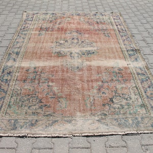 5x8 ft Oversize Handmade Turkish Oushak Rug: Orange and Blue Distressed Vintage Antique Rug - Rustic Area for Living Room Decor