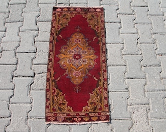 Handmade Wool Turkish Rug: 1x3 ft Red Orange Anatolian Carpet
