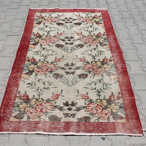 3x6 ft Boho Chic : Red and Beige Floral Vintage Turkish Handmade Wool Anatolian Floor Rug for Every Space