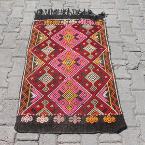 2x4 ft Vintage Black and Pink Boho Kilim: Handmade Wool Tribal Area Carpet, Eclectic Southwest Decor