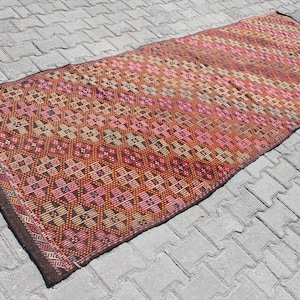3x11 ft Handmade Turkish Kilim Runner: Dark Brown and Pink Floral Wool Beauty, Ethnic Rustic Charm for Hallway or Kitchen Décor