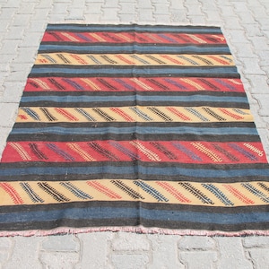 4x5 ft Bohemian Carpet : Handwoven Turkish Striped Beige & Red Wool Kilim - Vintage Tribal Area Rug for Living or Dining Room