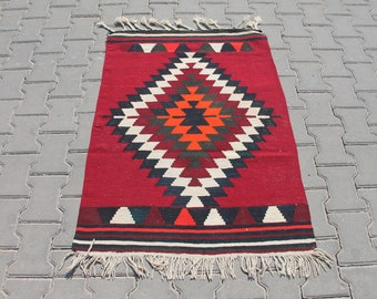 2x4 ft "Vintage Handmade Turkish Rug – Rustic Old Boho Aztec Design in Rich Red, Perfect for Eclectic Decor"