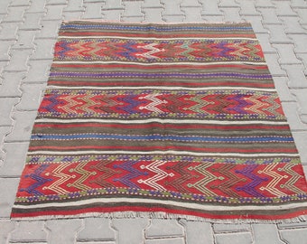 4x4 piedi "Tappeto Kilim turco Boho Chic a strisce rosse e blu - Stile vintage fatto a mano, ideale per un accento colorato ed eclettico per la decorazione della casa"