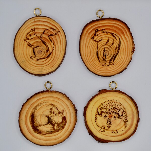 Natural live edge Wooden Hanging Decor - fox, squirrel, bear, hedgehog - woodland creatures