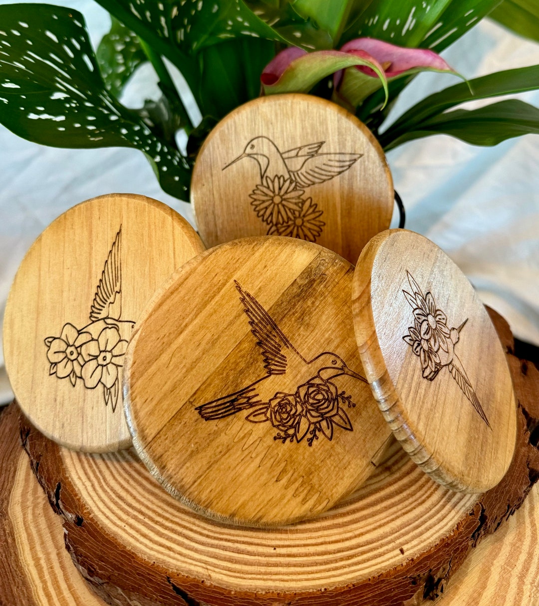 Laser Engraved Wood Coasters: Set of 4 - Hummingbird, Frog, Giraffe ...