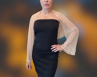 The sleeves are a cape made of the finest beige tulle with a golden hue, will be a beautiful addition to your wedding or evening gown.
