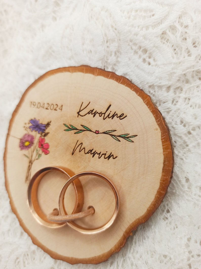 Ring cushion hand-painted wood wedding rings image 4