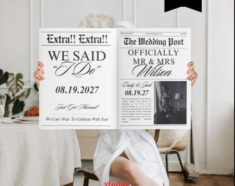 Elopement Wedding Sign Template, Wedding Newspaper Template, We Said I Do Poster, Just Married Printable, Editable Canva Decor, 051