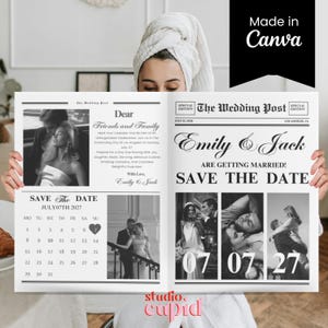 Plantilla para guardar la fecha en el periódico de bodas, invitación editable en Canva, anuncio de boda vintage imprimible, tarjeta de noticias de boda