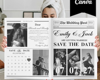 Vintage Newspaper Wedding Save The Date Template (Canva Editable)