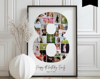 8th Birthday Photo Collage Template,  Number 8 Poster , Editable Milestone Keepsake, Eighth Birthday Photo Milestone Sign, 131